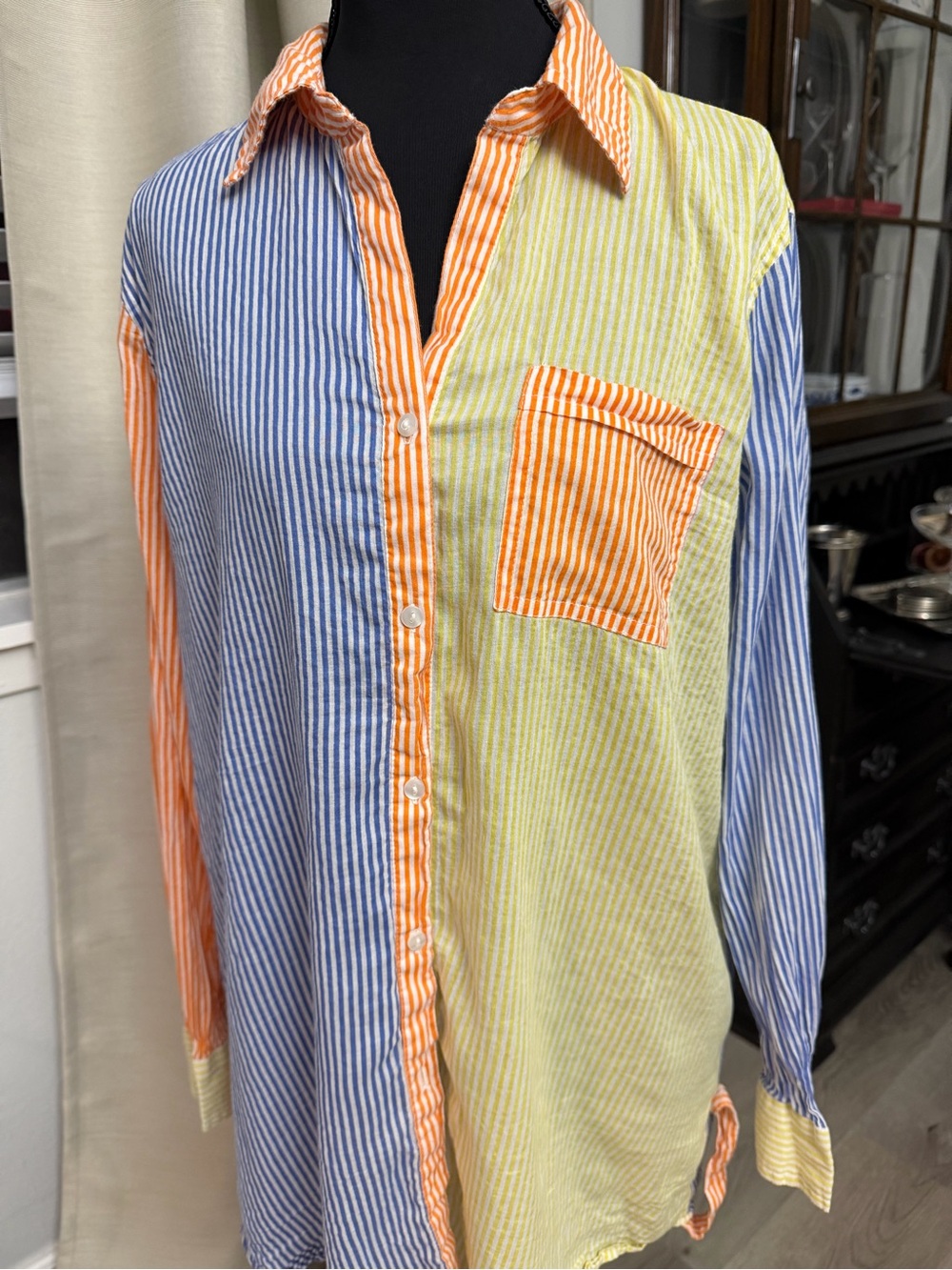 Colorblock Striped Button-Down Shirt in Blue, Yellow & Orange